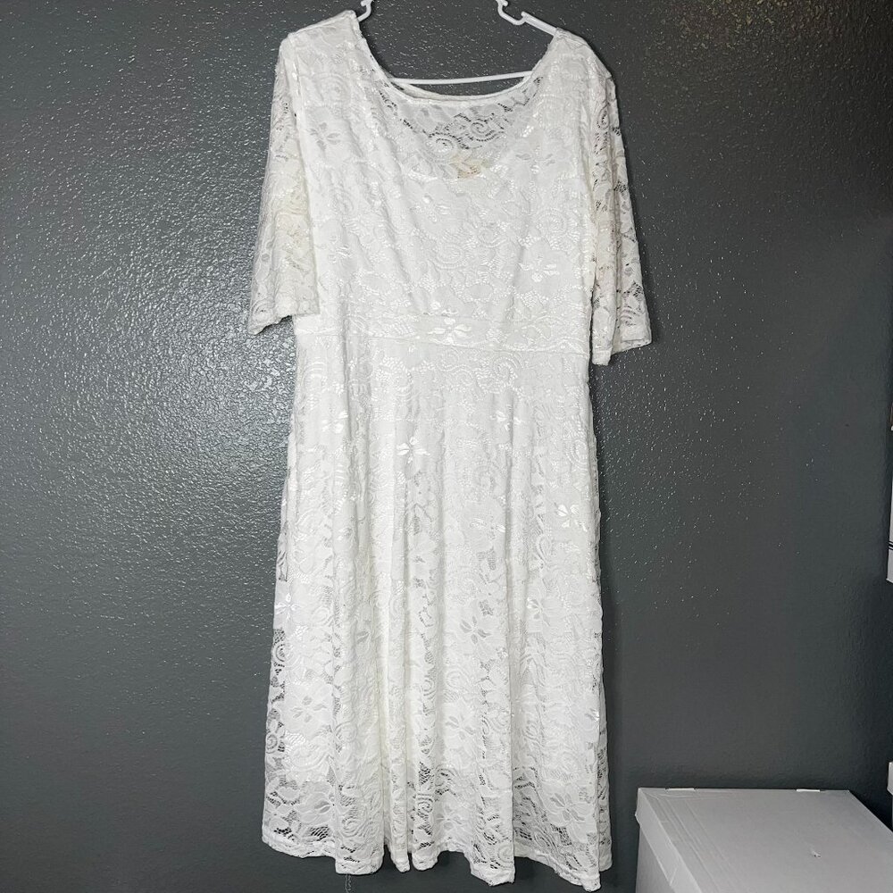 White Lace Midi Dress Women’s Size M Elegant Half Sleeve Fit & Flare Wedding Bri